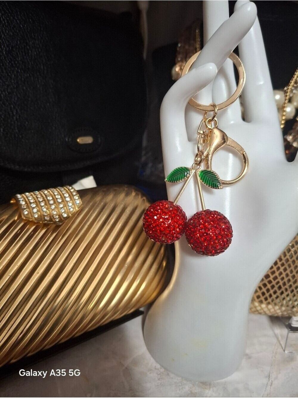 Cherry Sparking Bling bag charm Keyring New gold red - Picture 4 of 4